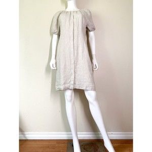 J. Crew 100% Linen Mini Dress 6 T Tall Beige Puff Sleeves Button Up